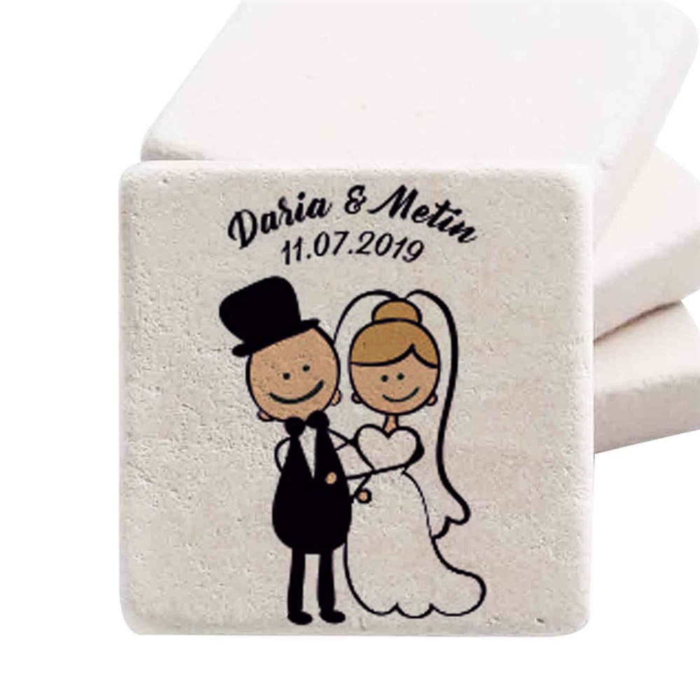İsim Baskılı Doğal Taş Magnet Karikatür Gelin Damat