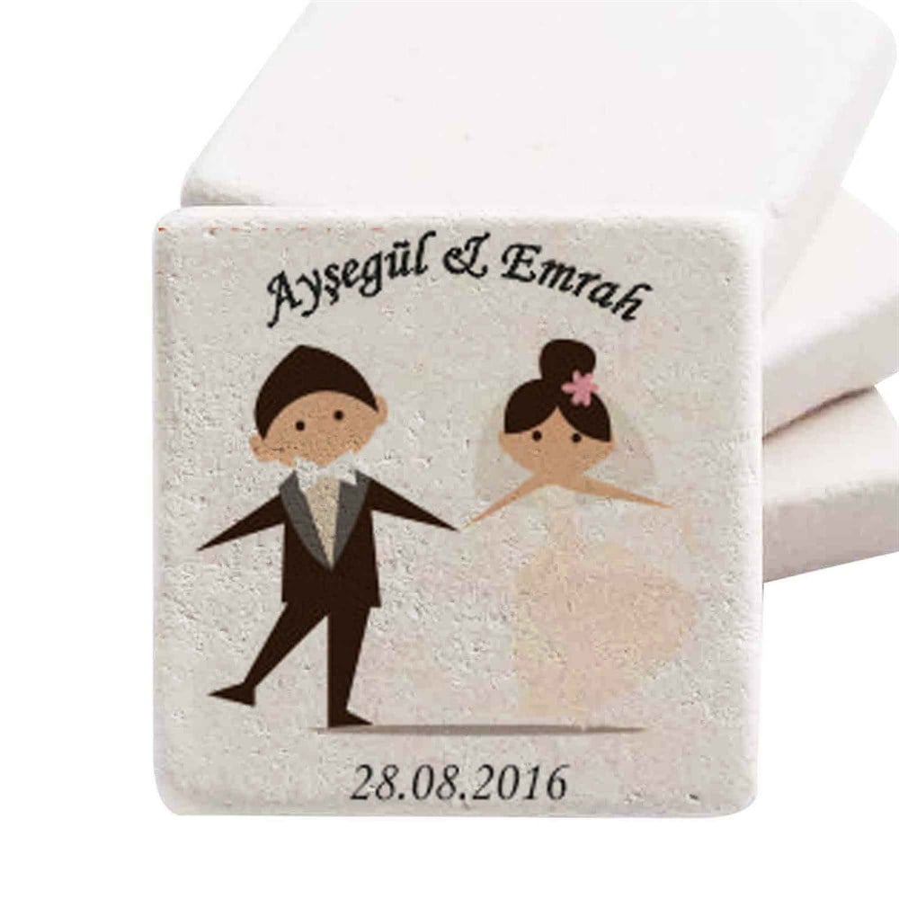 İsim Baskılı Doğal Taş Magnet Mutlu Gelin Damat