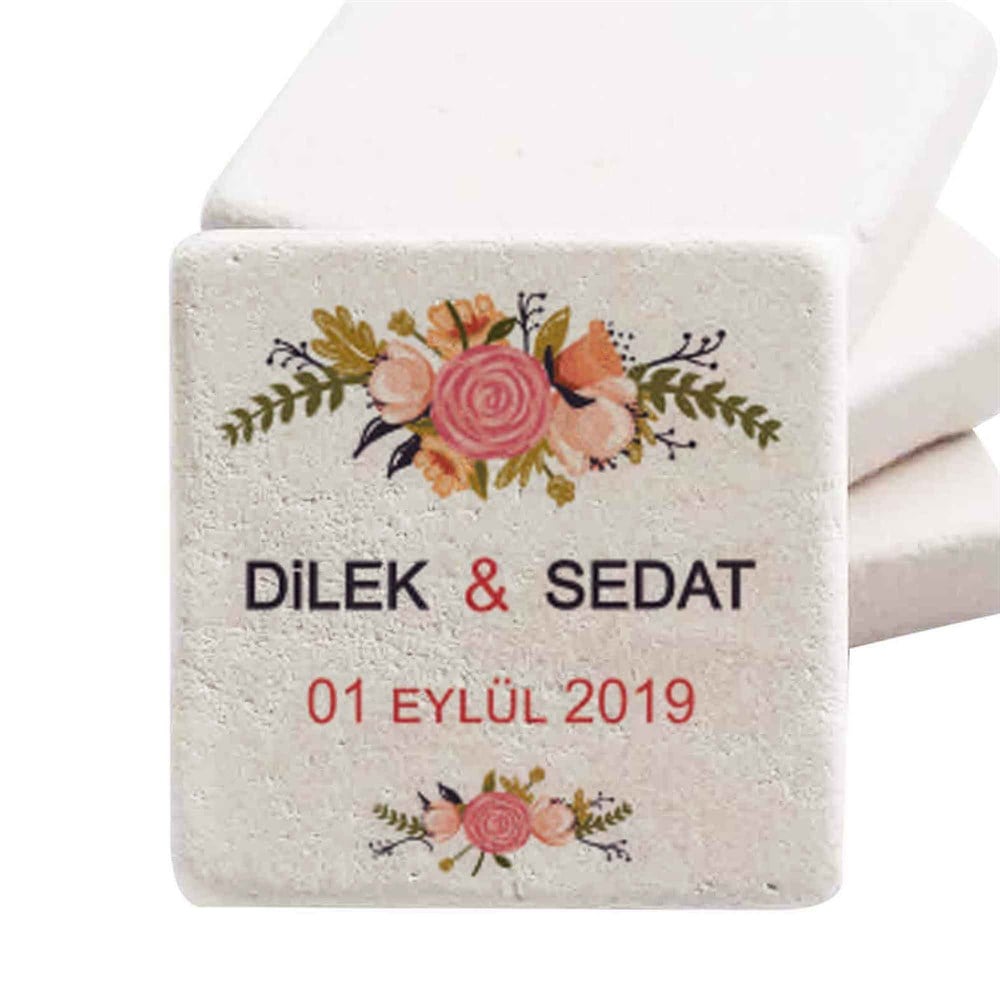 Taş Magnet Nikah Şekeri Nişan Hediyelik Pembe Çiçekler