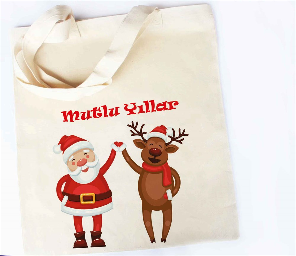 Yılbaşı Hediye Fikirleri Ham Bez Çanta Yılbaşı Hediyesi Noel Baba ve geyik elele