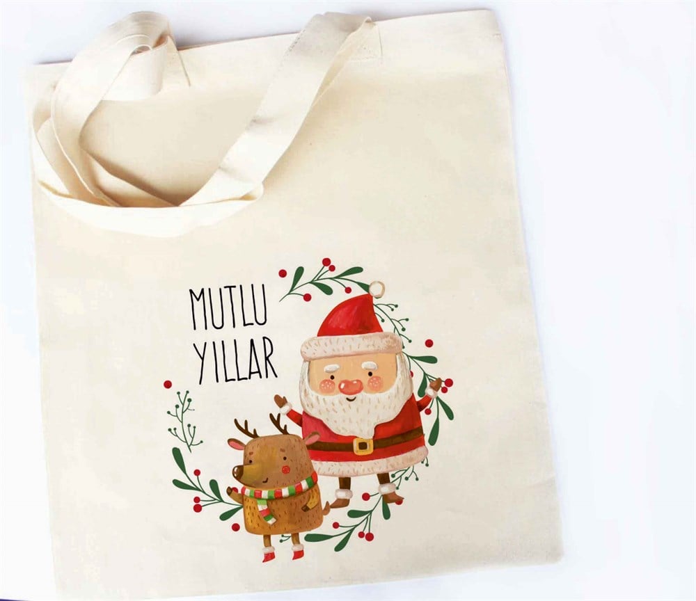 Yılbaşı Hediyesi Noel Baba Resimli Ham Bez Çanta