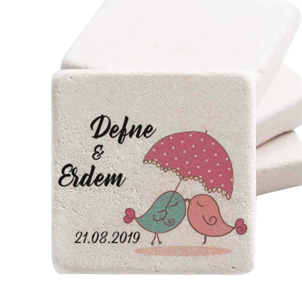İsim Baskılı Doğal Taş Magnet Kuş Çiftler