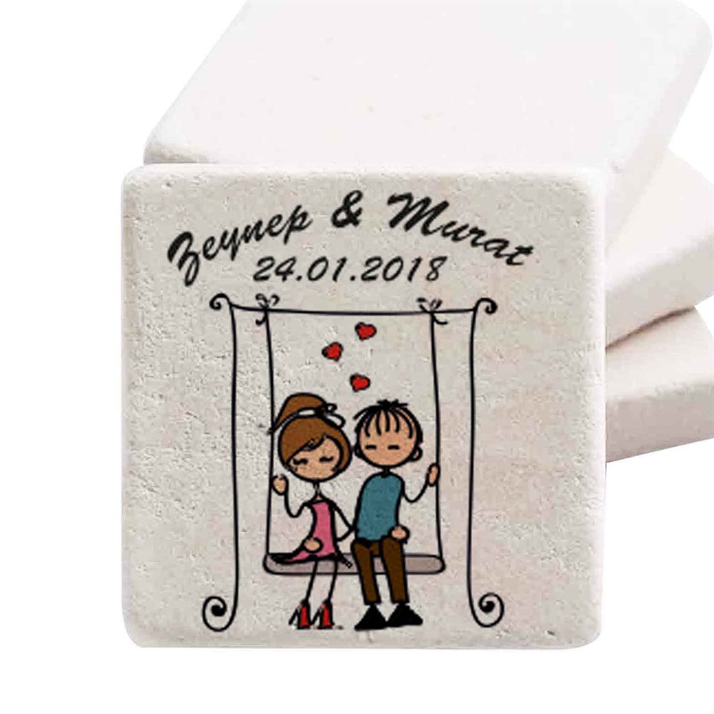 İsim Baskılı Doğal Taş Magnet Salıncaktaki Çift