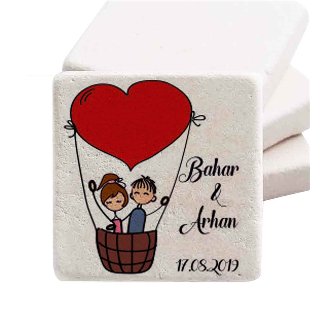 İsim Baskılı Doğal Taş Magnet Uçan Balonda Evlilik Teklifi