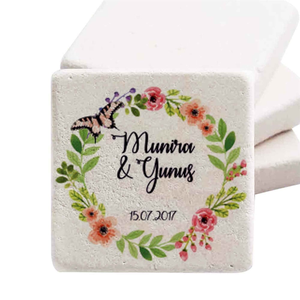 Taş Magnet Nikah Şekeri Nişan Hediyelik Çiçekli Çelenk
