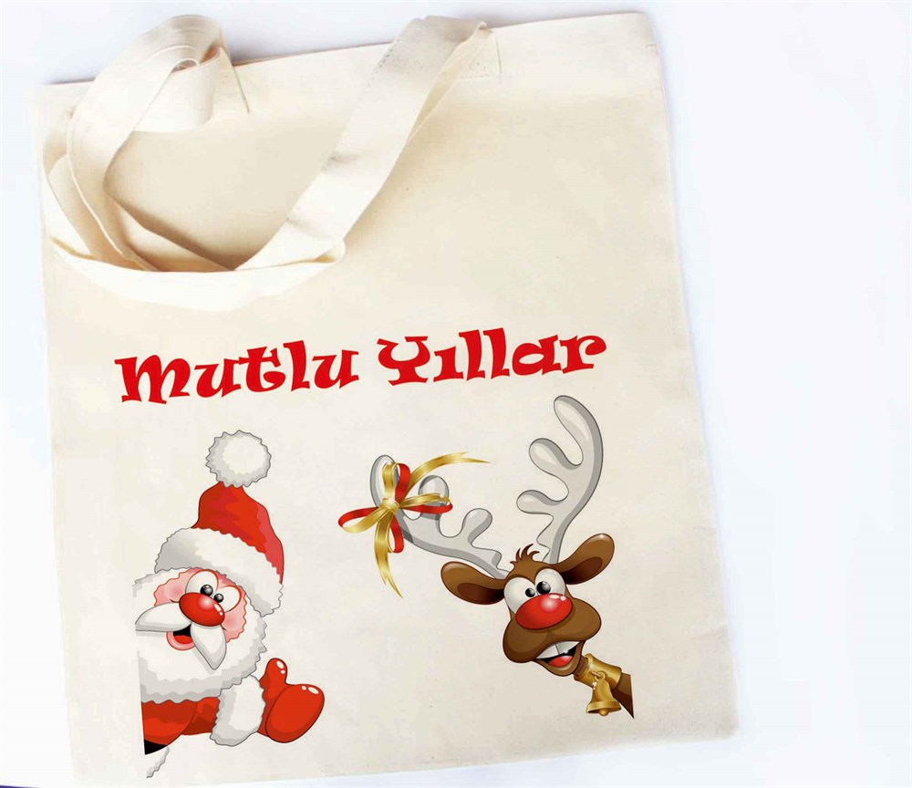 Yılbaşı Hediye Fikirleri Ham Bez Çanta Yılbaşı Hediyesi 3 Yıldızlı Noel Baba ve Şaşkın Geyik