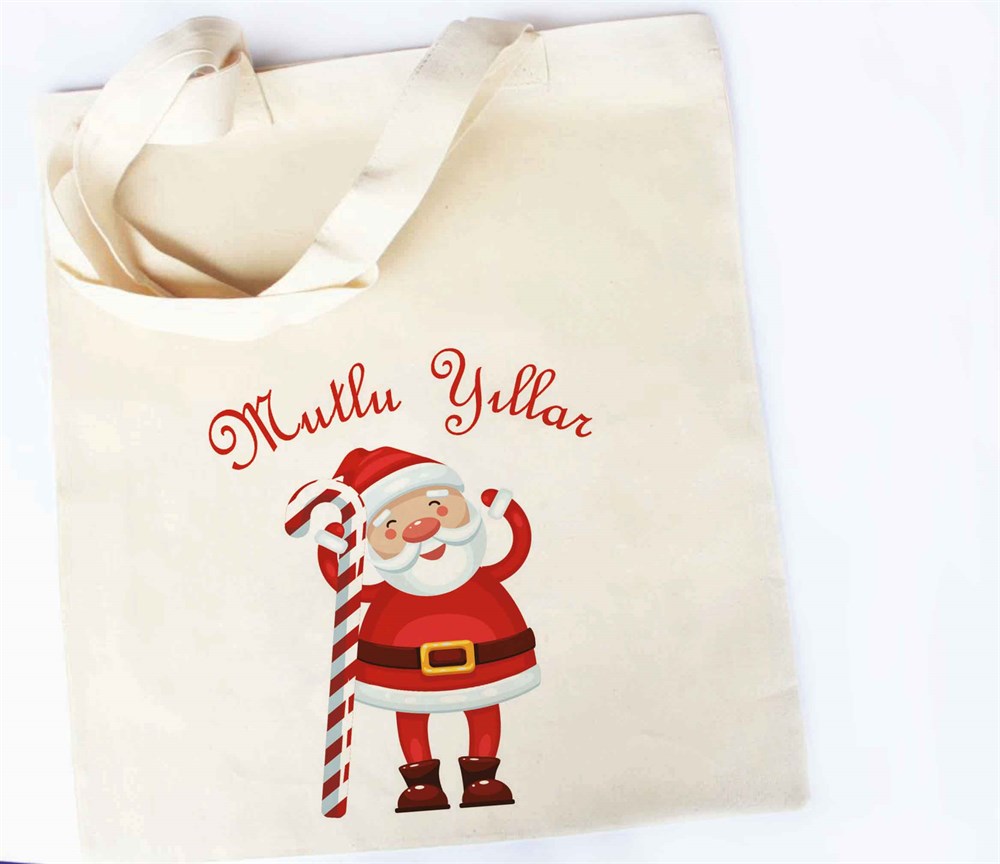 Yılbaşı Hediye Fikirleri Ham Bez Çanta Yılbaşı Hediyesi 3 Yıldızlı Noel Baba ve Baston Şeker