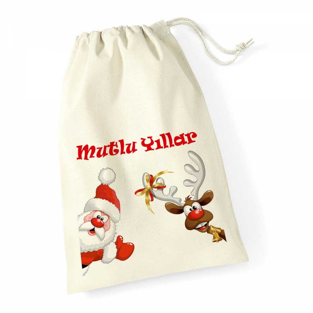Yılbaşı Hediyesi Kesesi Büyük İpli Kese Noel Baba ve Şaşkın Geyik