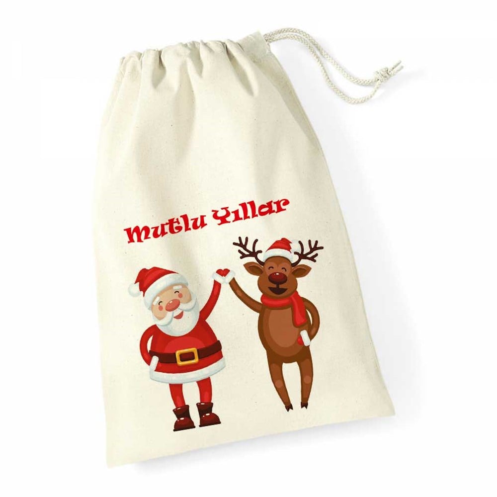 Yılbaşı Hediyesi Kesesi Büyük İpli Kese Noel Baba ve Geyik