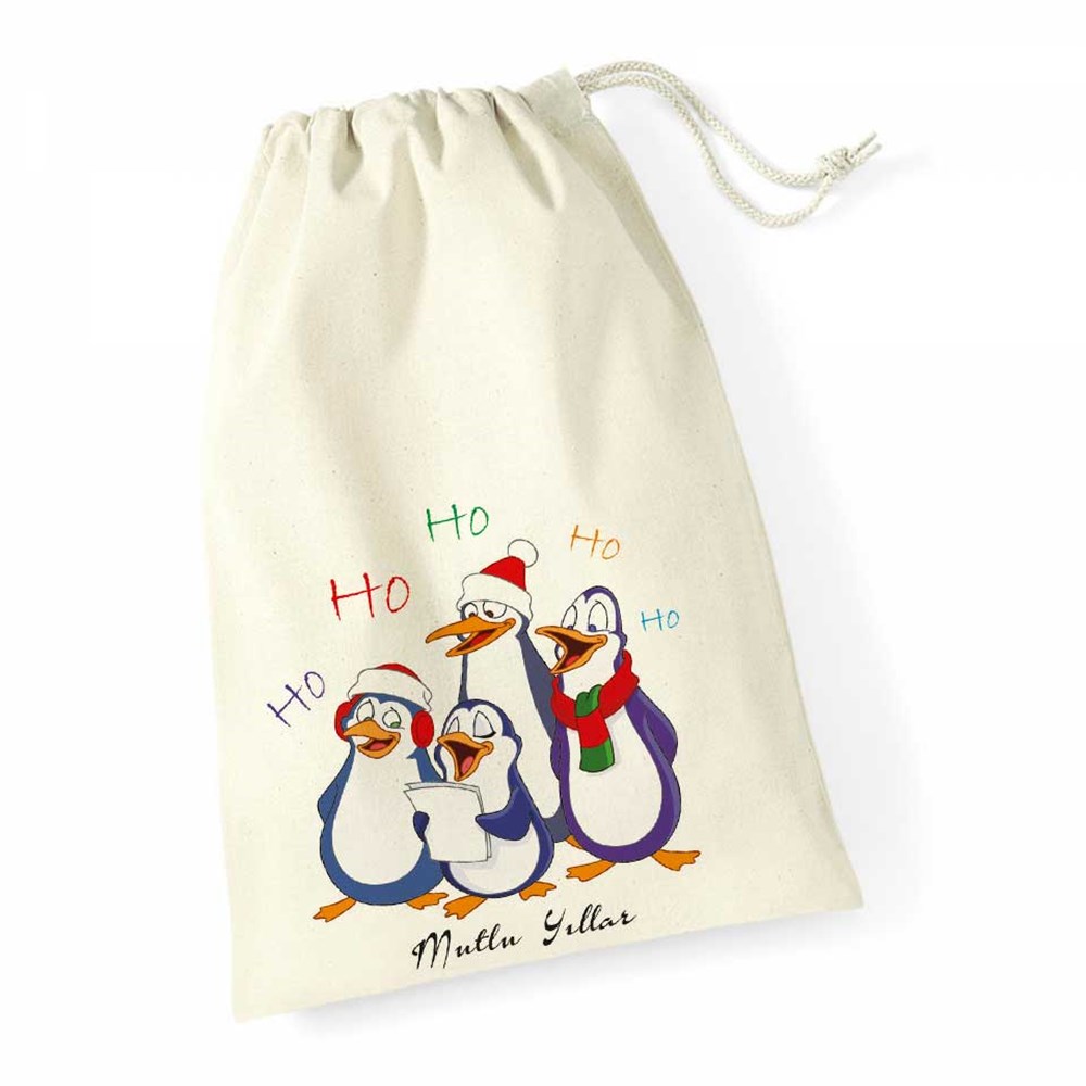Yılbaşı Hediyesi Kesesi Büyük İpli Kese Noel Baba Kostümlü Penguenler