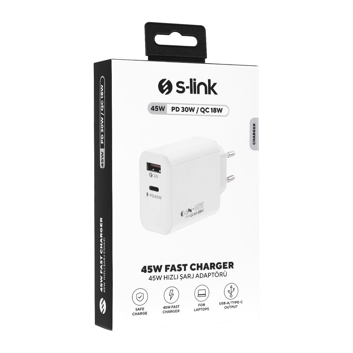 S-link SL-EC68 45W GAN PD 30W / QC 18W Type Type USB-C +USB A Hızlı Beyaz EV/NOTEBOOK Şarj Adaptör