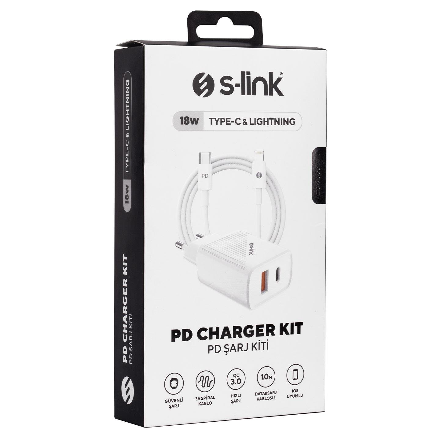 S-link SW-C1130X Lightning PD Kablo 18W PD3.0/Quick Charge QC3.0 Type USB-C +USB A Beyaz Hızlı Şarj Adaptörü