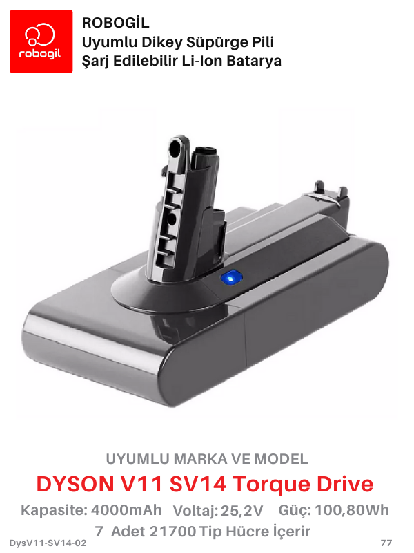 Dyson V11 SV14 Torque Drive 4000mAh Uyumlu Bataryası Dikey Süpürge Pili Li-ion Yedek Pil Paketi DysV11-SV14-02