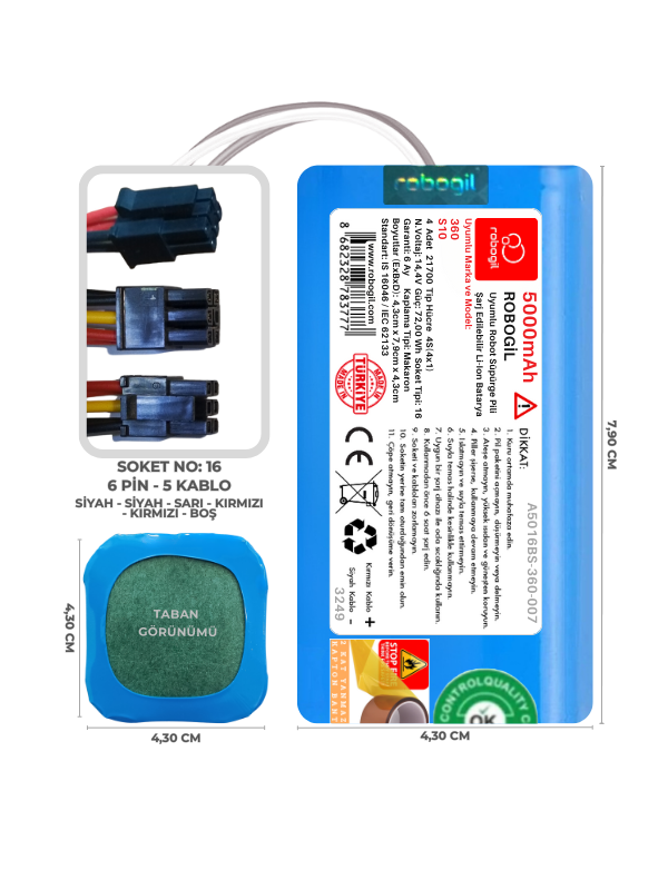 360 S10 5000mAh Uyumlu Robot Süpürge Pili A5016BS-360-007