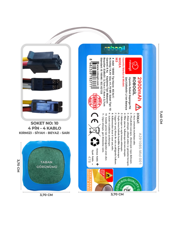 Midea M3 2900mAh Uyumlu Robot Süpürge Pili A2910BS-Mid-001