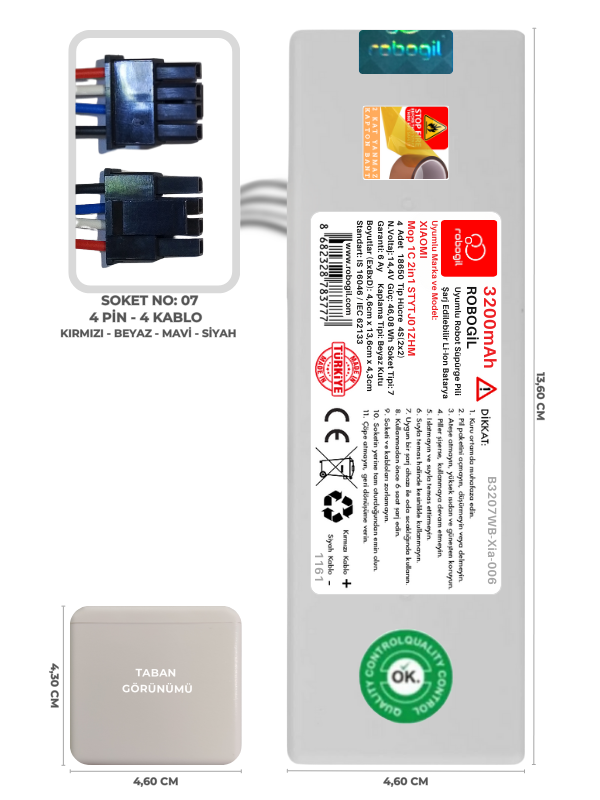 Xiaomi Mop 1C 2in1 STYTJ01ZHM 3200mAh Uyumlu Robot Süpürge Pili B3207WB-Xia-006