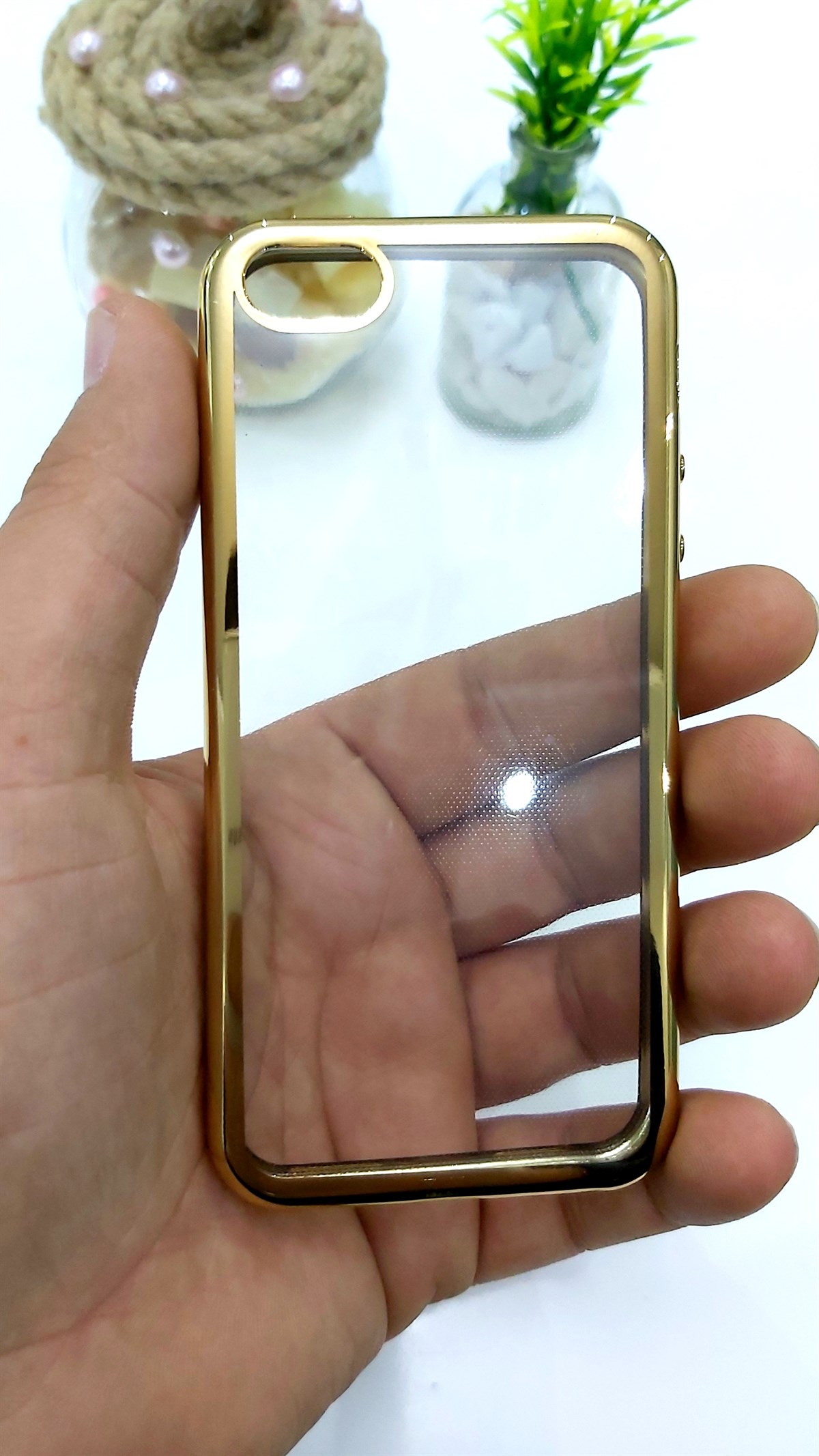 İphone 5 5S Şeffaf Silikon Kılıf Altın Gold Renk Çerçeveli JR
