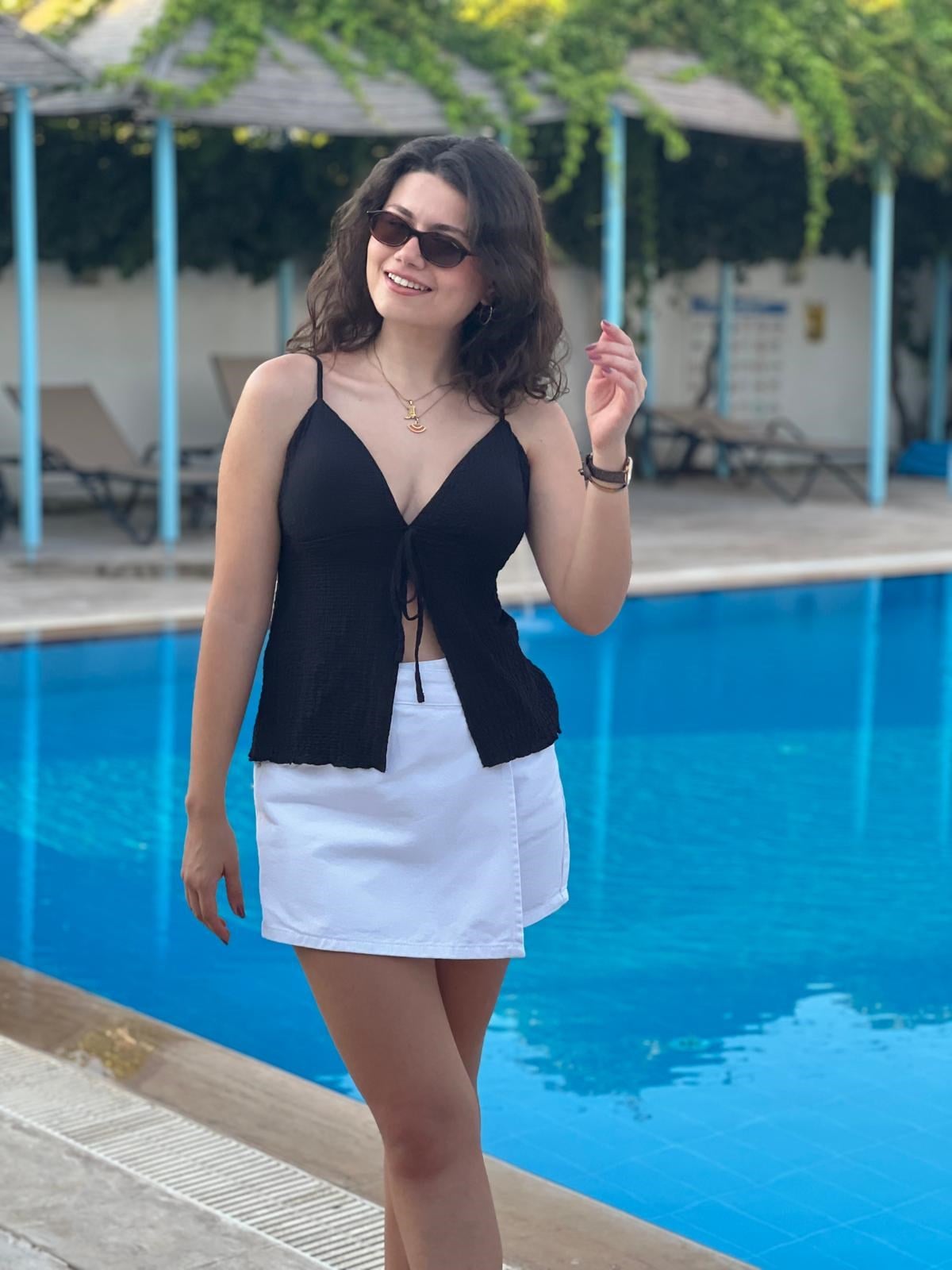 Askılı Krinkıl Bluz 17739 Siyah