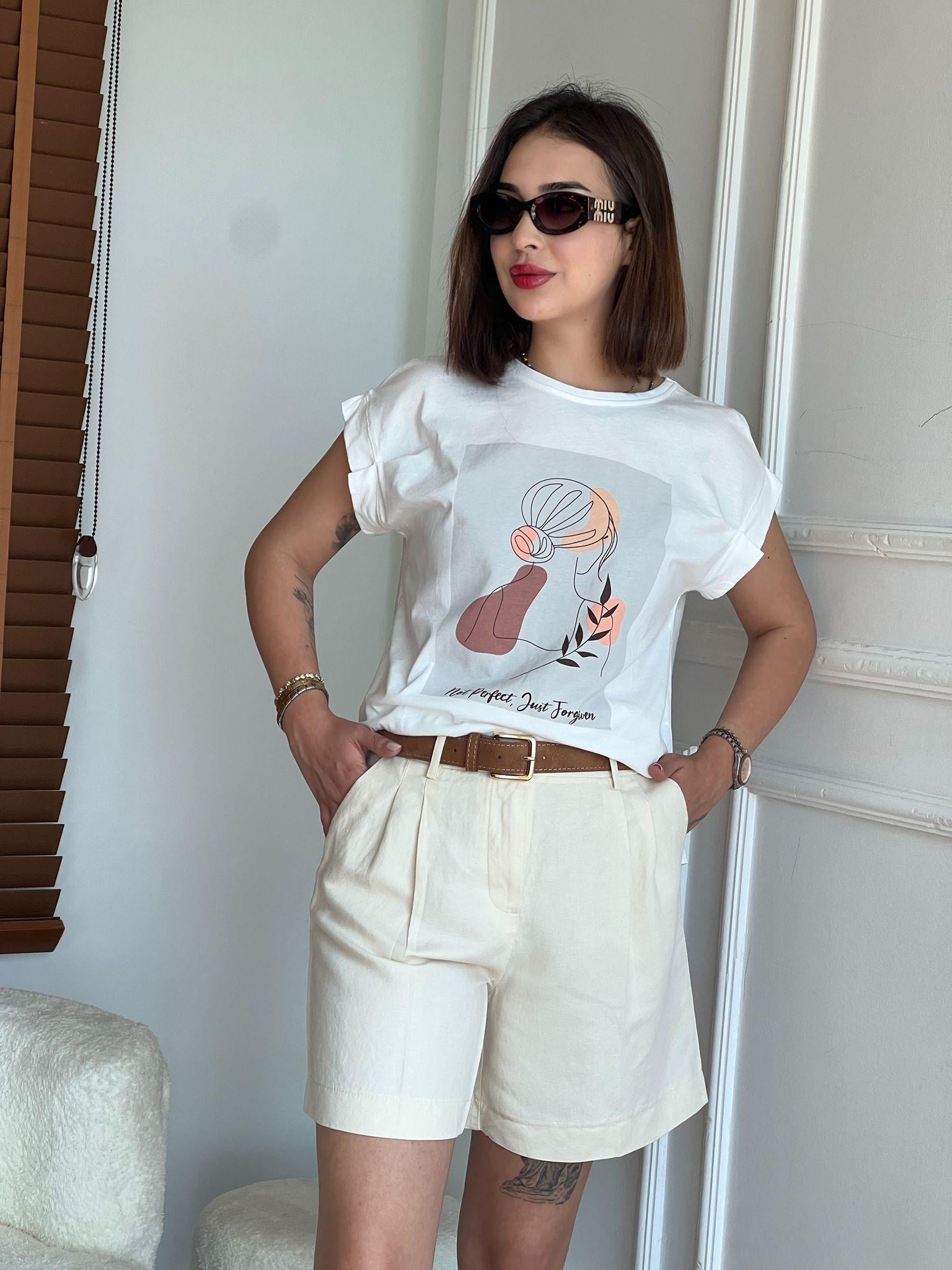 Baskılı Tshirt 29572 Ekru
