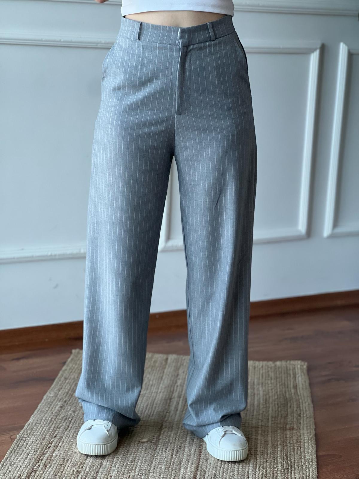 Çizgili Bol Paça Pantolon 4032 Gri