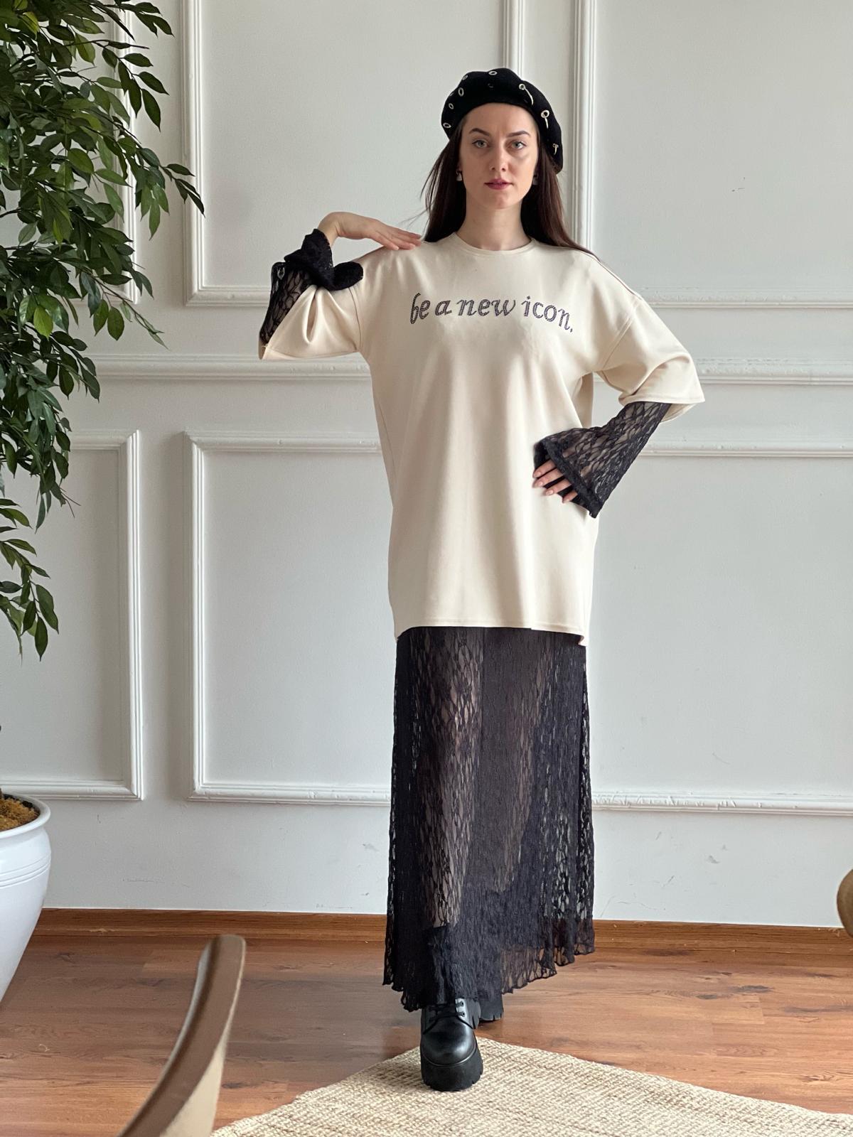 Dantel Detaylı Pinterest Takım 5057 Bej