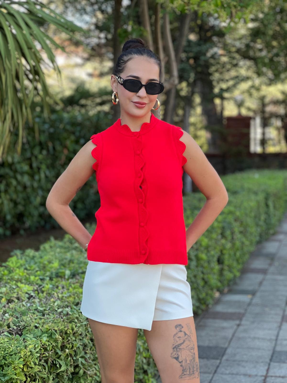 Dantel Örgü Yelek 251013 Kırmızı