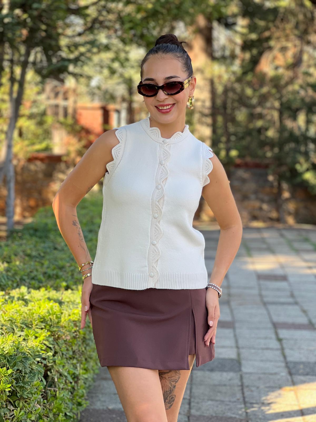 Dantel Örgü Yelek 251013 Krem