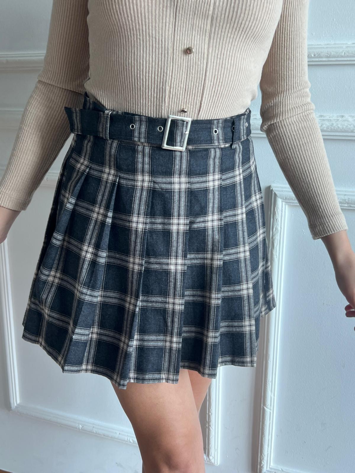 Ekose Desenli Pileli Kısa Etek 2062 Antrasit