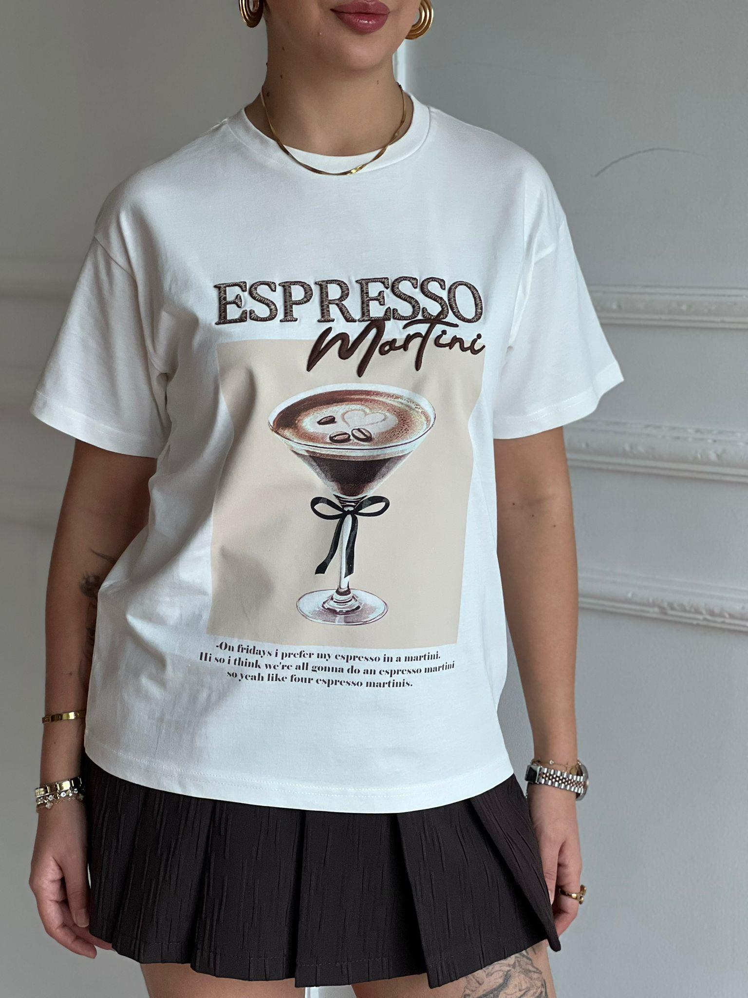 Espresso Martini Baskılı Tshirt 01783 Ekru