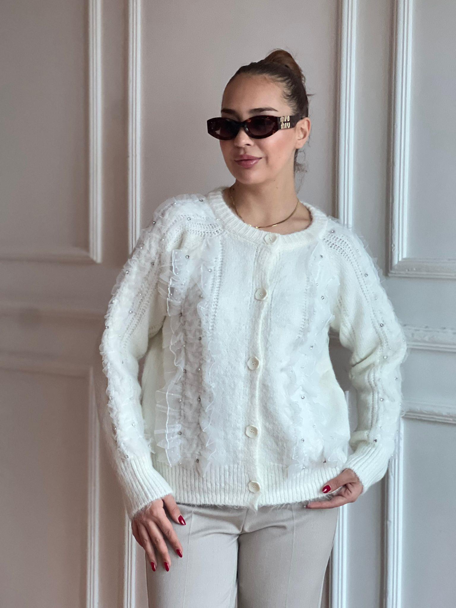 Fırfır ve Taş Detaylı Hırka 95177 Ekru