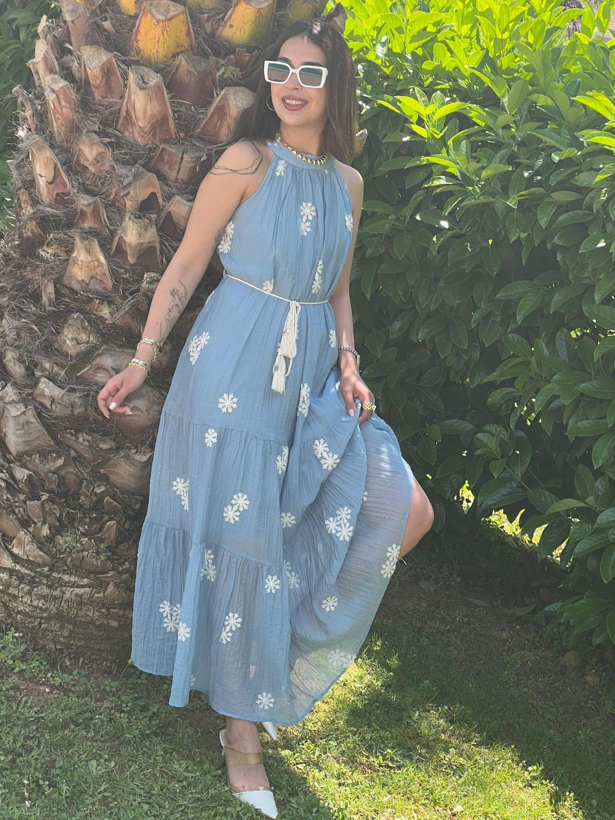 Halter Yaka Çiçek Nakışlı Elbise 39857 İndigo