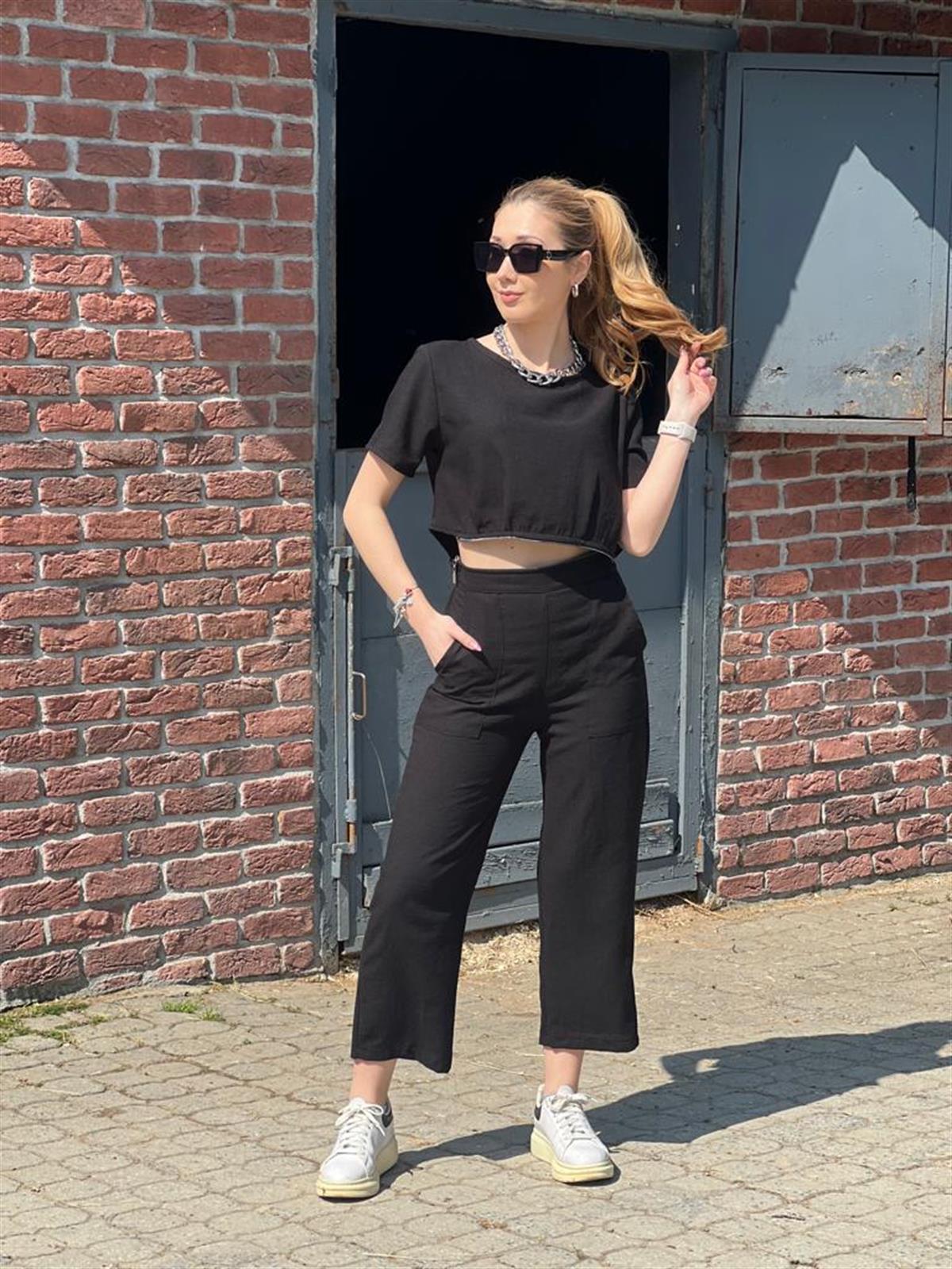 İki Parça Olabilen Keten Tulum 22358 Siyah