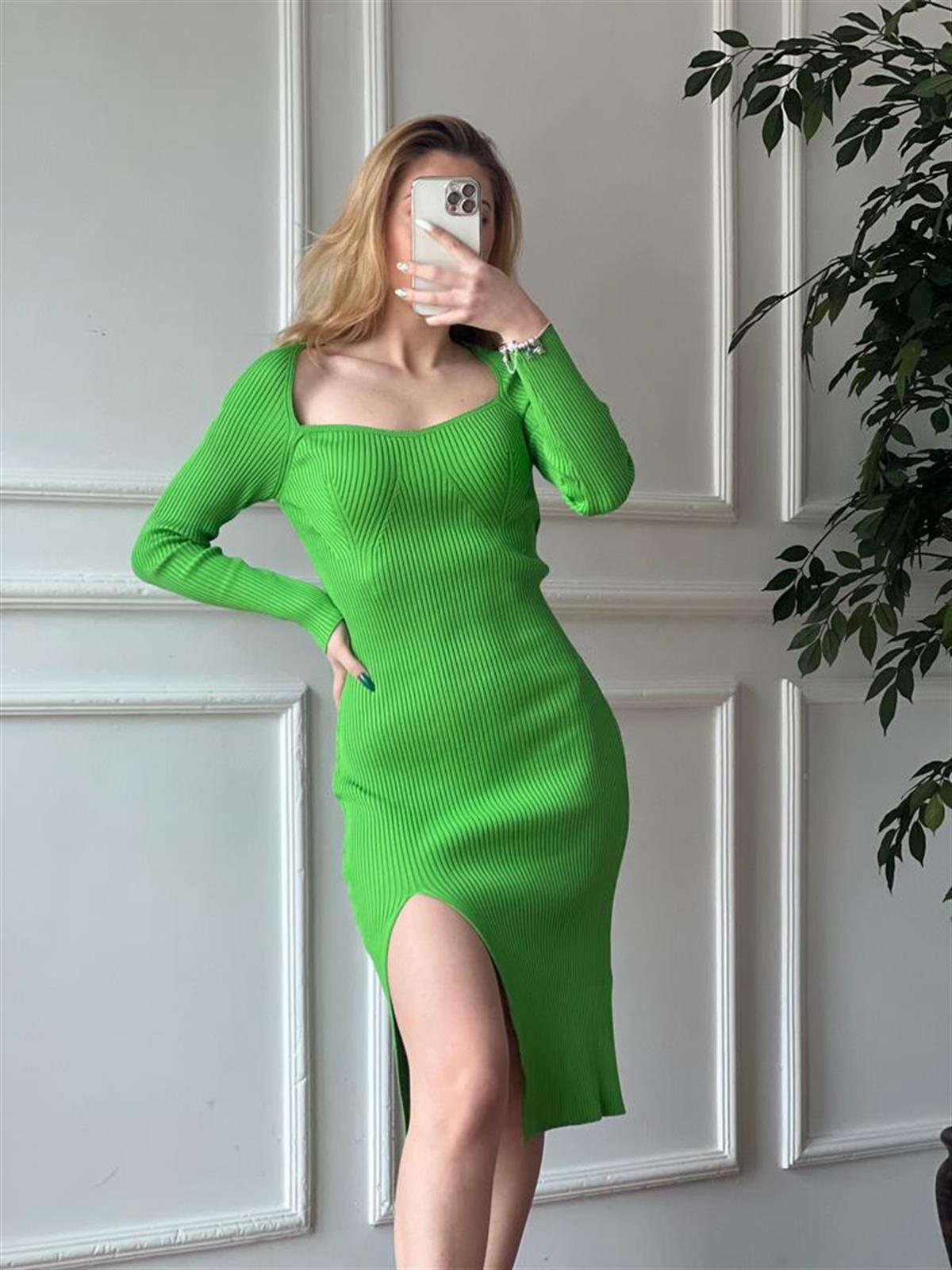 Kalp Yaka Yırtmaçlı Triko Elbise 10235 Yeşil