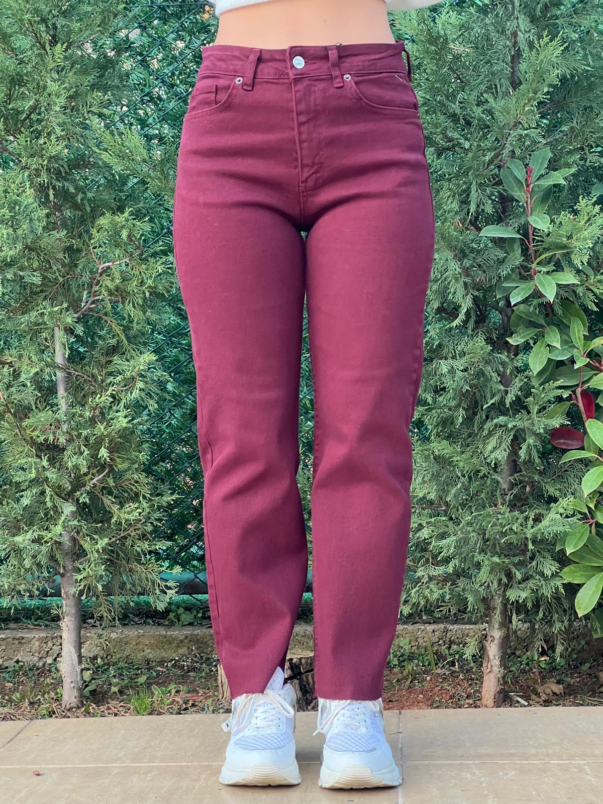 Kesik Paça Mom Jean 24-02 Bordo