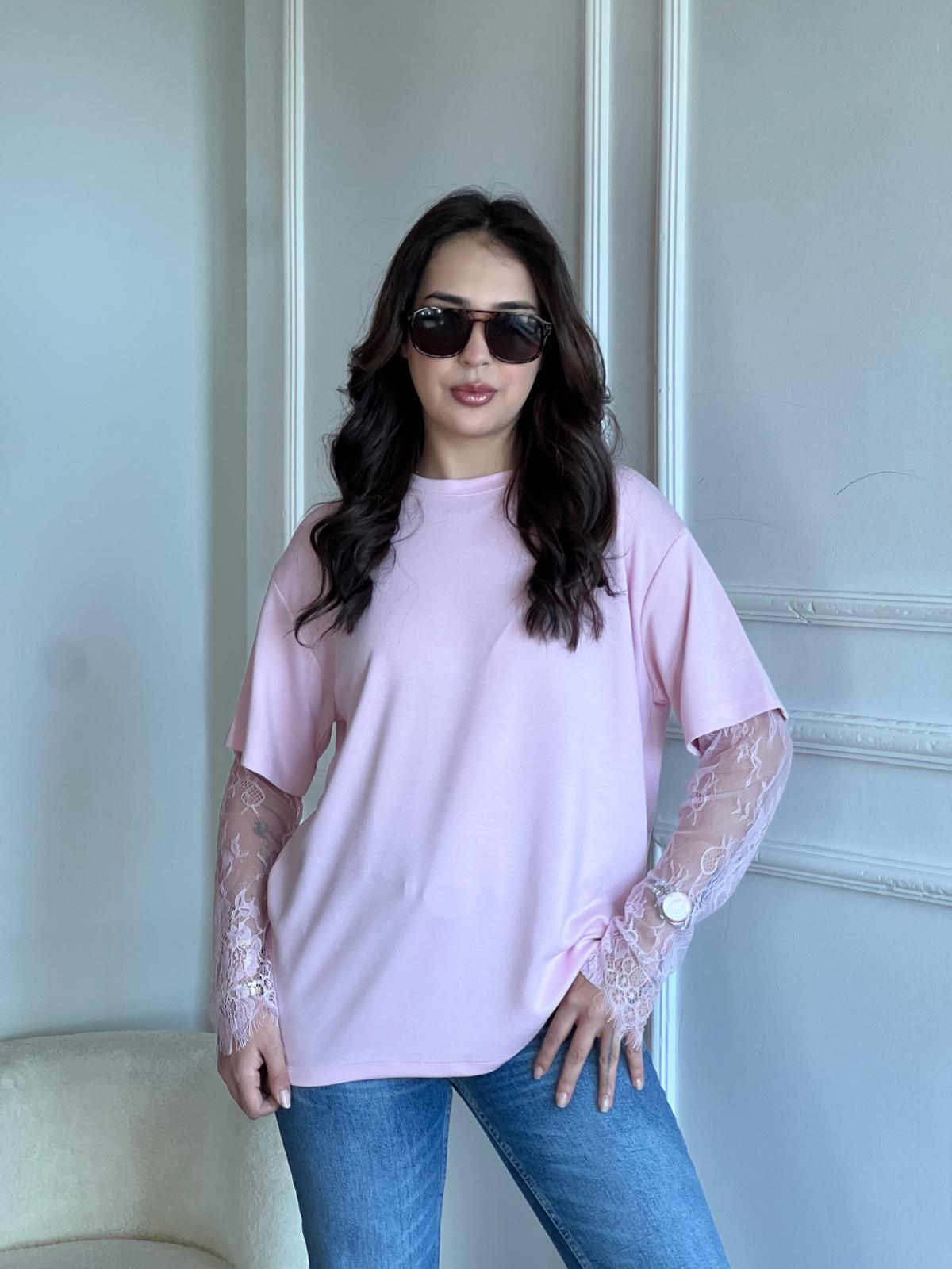 Kolu Dantel Detaylı Penye Bluz 1049 Açık Pembe