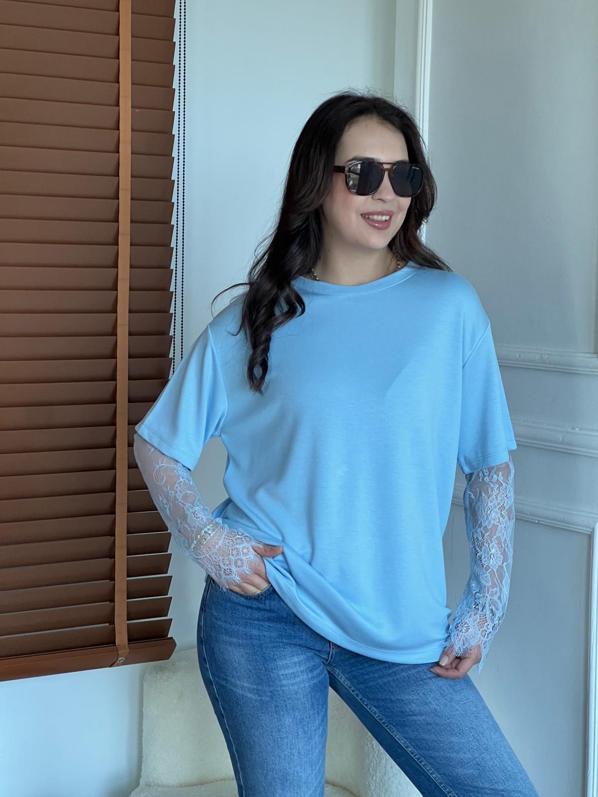 Kolu Dantel Detaylı Penye Bluz 1049 Bebe Mavisi