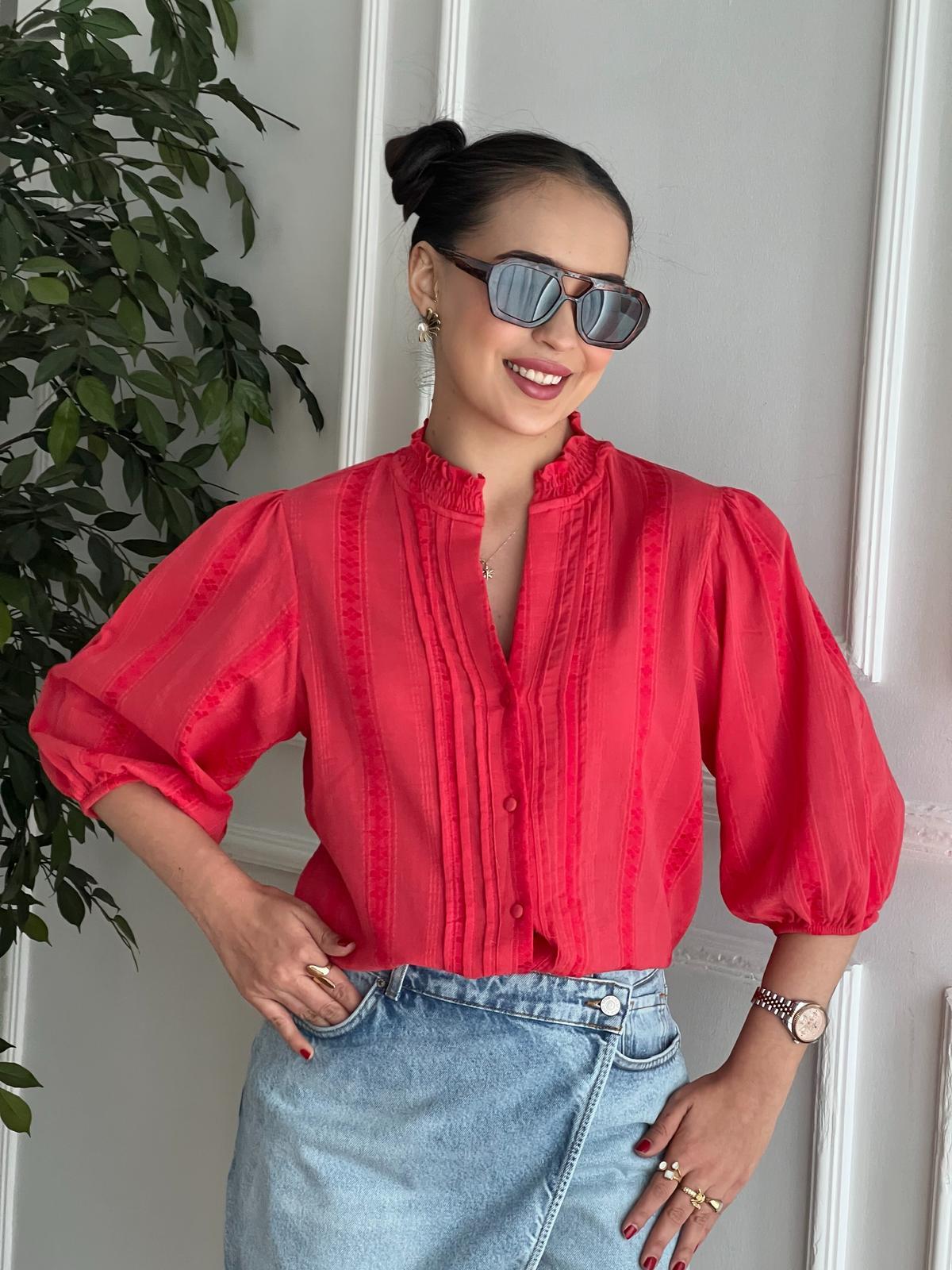 Nervür Detaylı Balon Kol Gömlek 5807 Açık Kırmızı