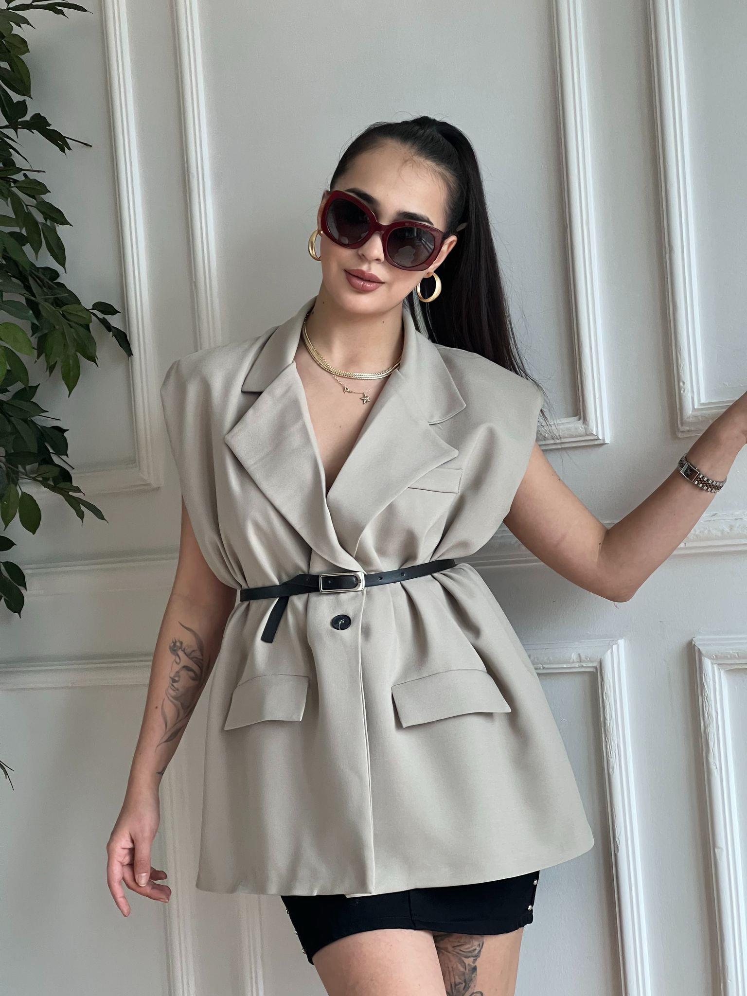 Oversize Kemerli Yelek 251003 Taş