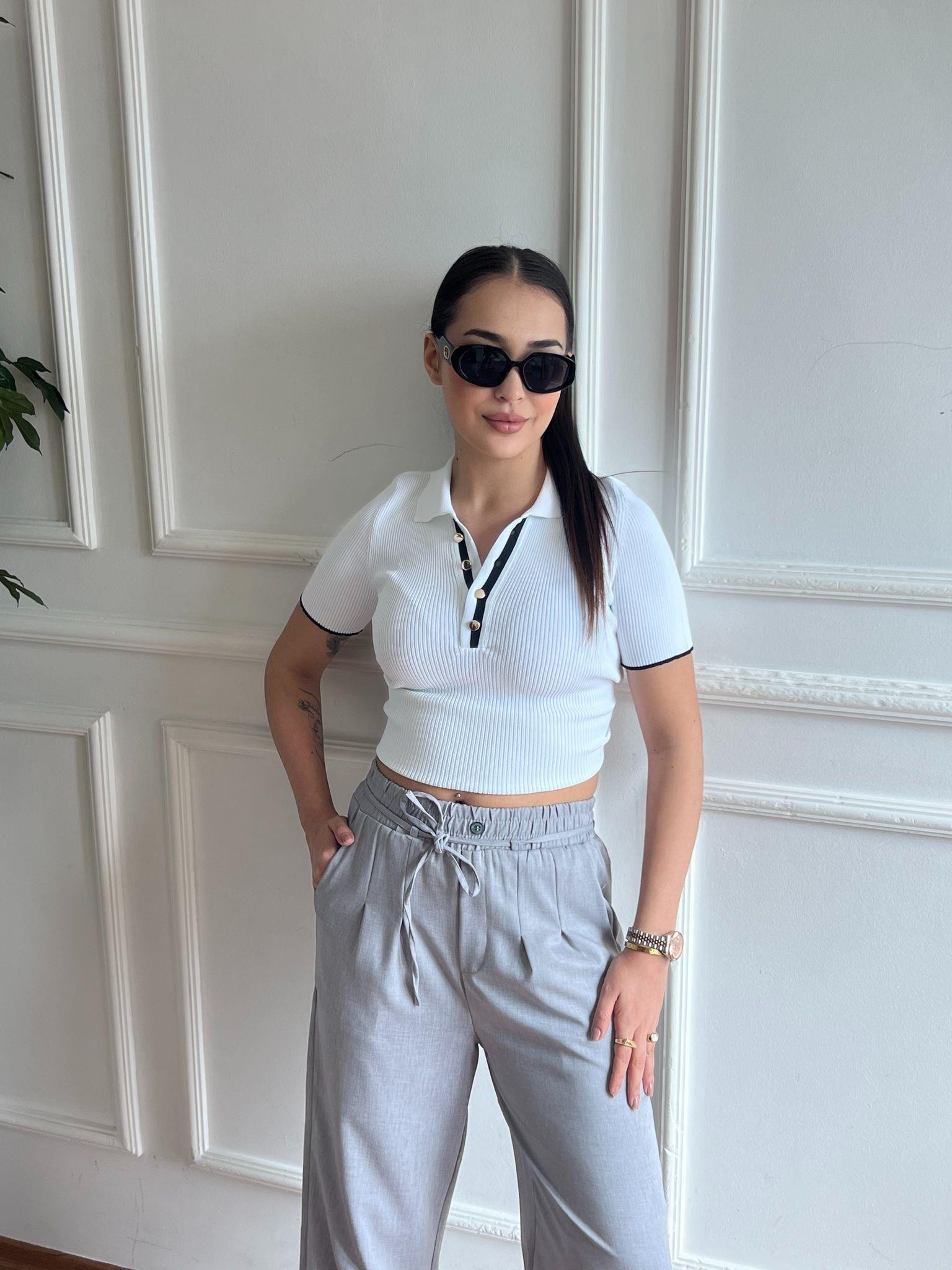 Polo Yaka Düğmeli Bluz 1358 Beyaz