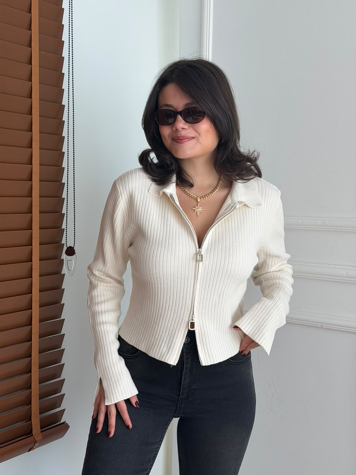 Polo Yaka Fermuarlı Hırka 195SYHS Krem