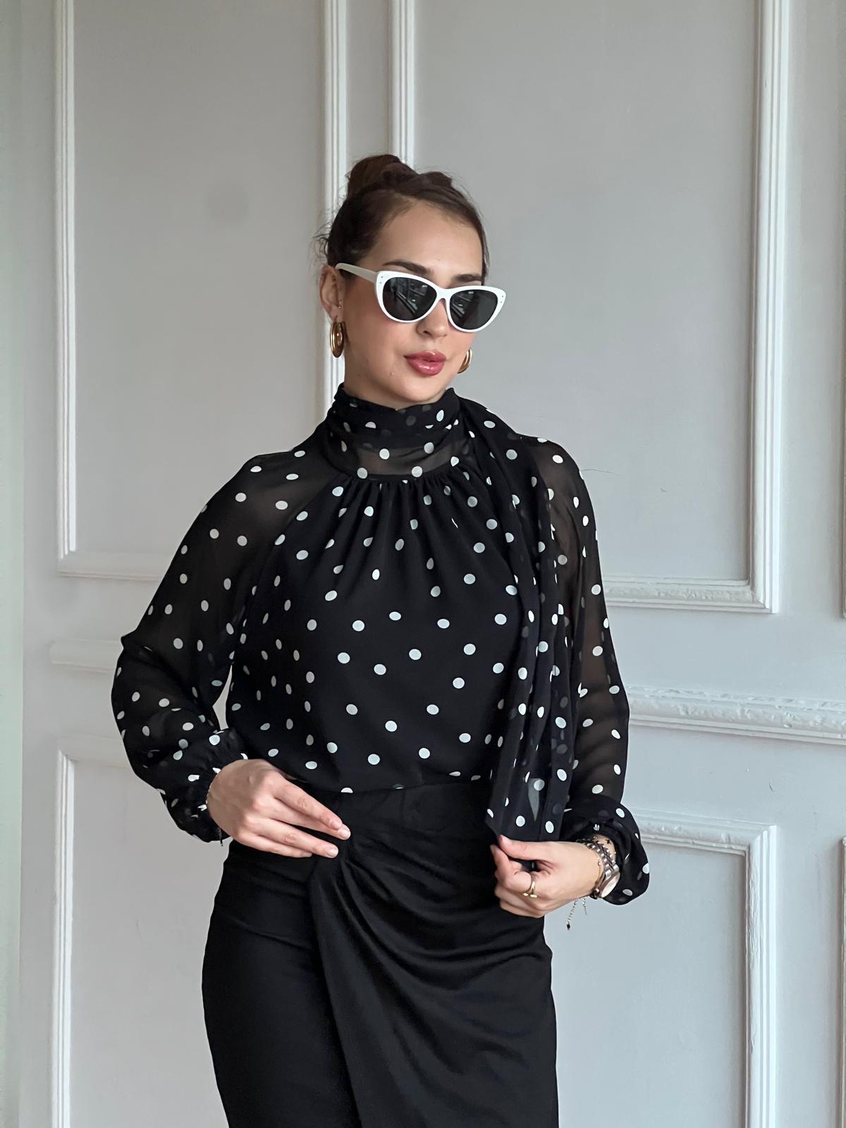 Puantiyeli Şifon Bluz 3219 Siyah