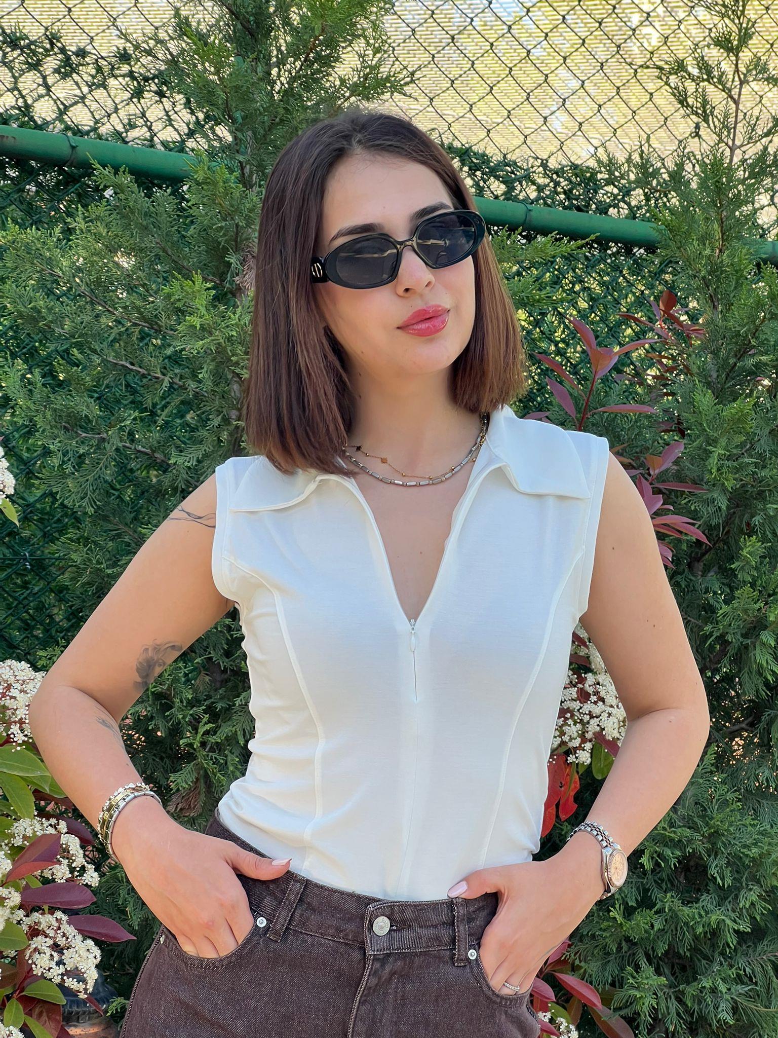 Sıfır Kol Polo Yaka Bluz 30964 Ekru