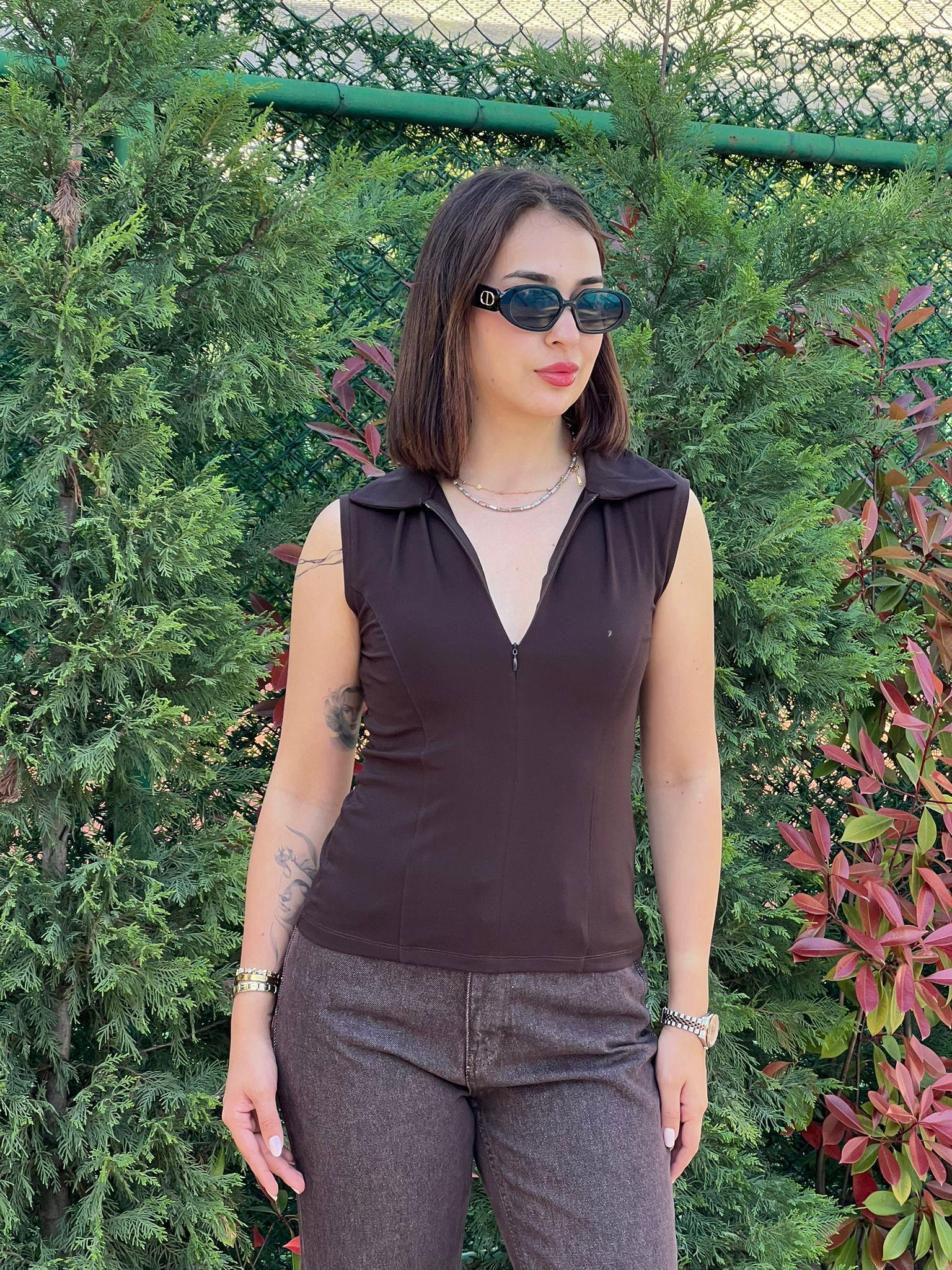 Sıfır Kol Polo Yaka Bluz 30964 Kahverengi