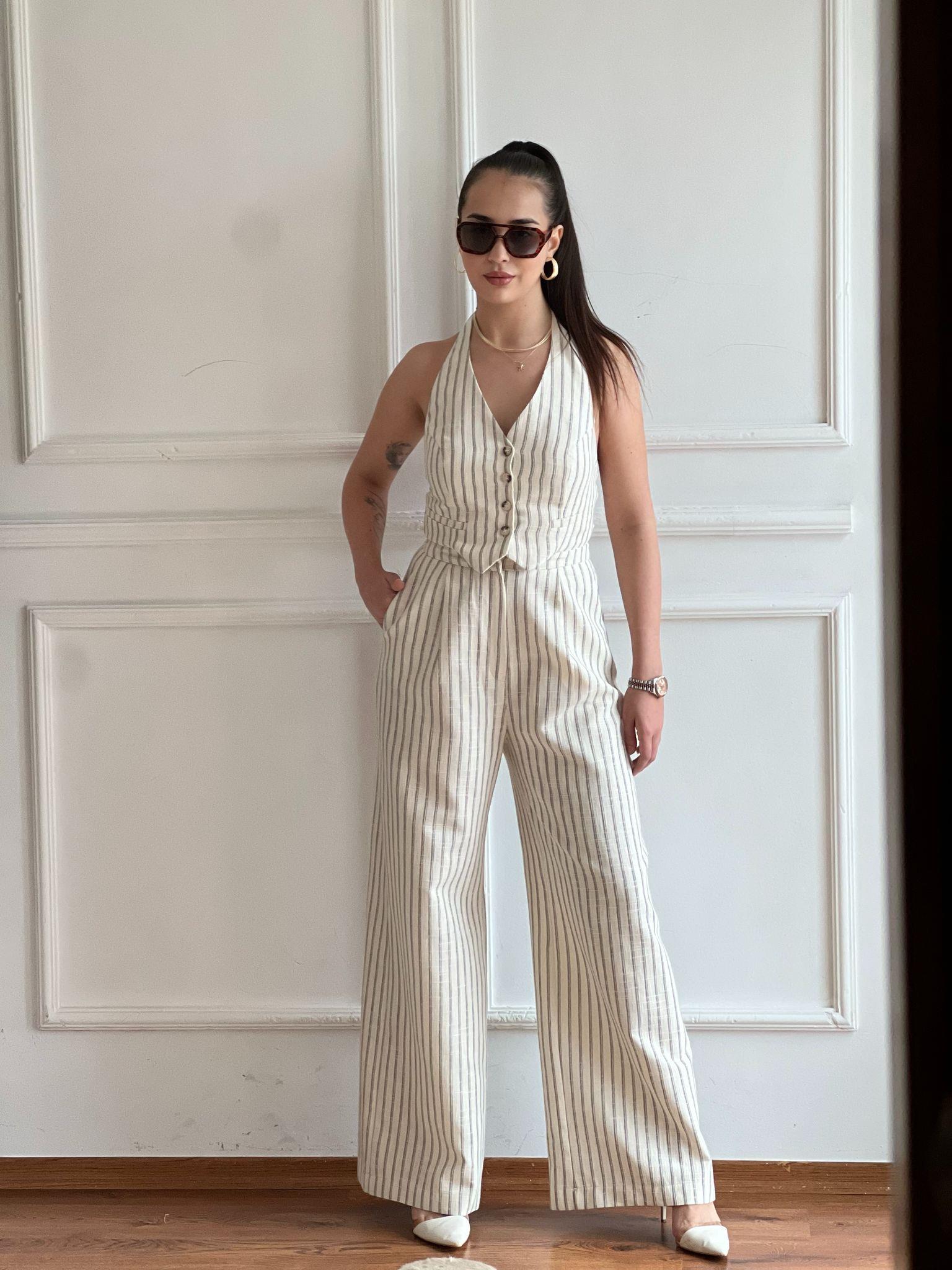 Sırt Dekolteli Keten Yelek Pantolon Takım 00333 Ekru