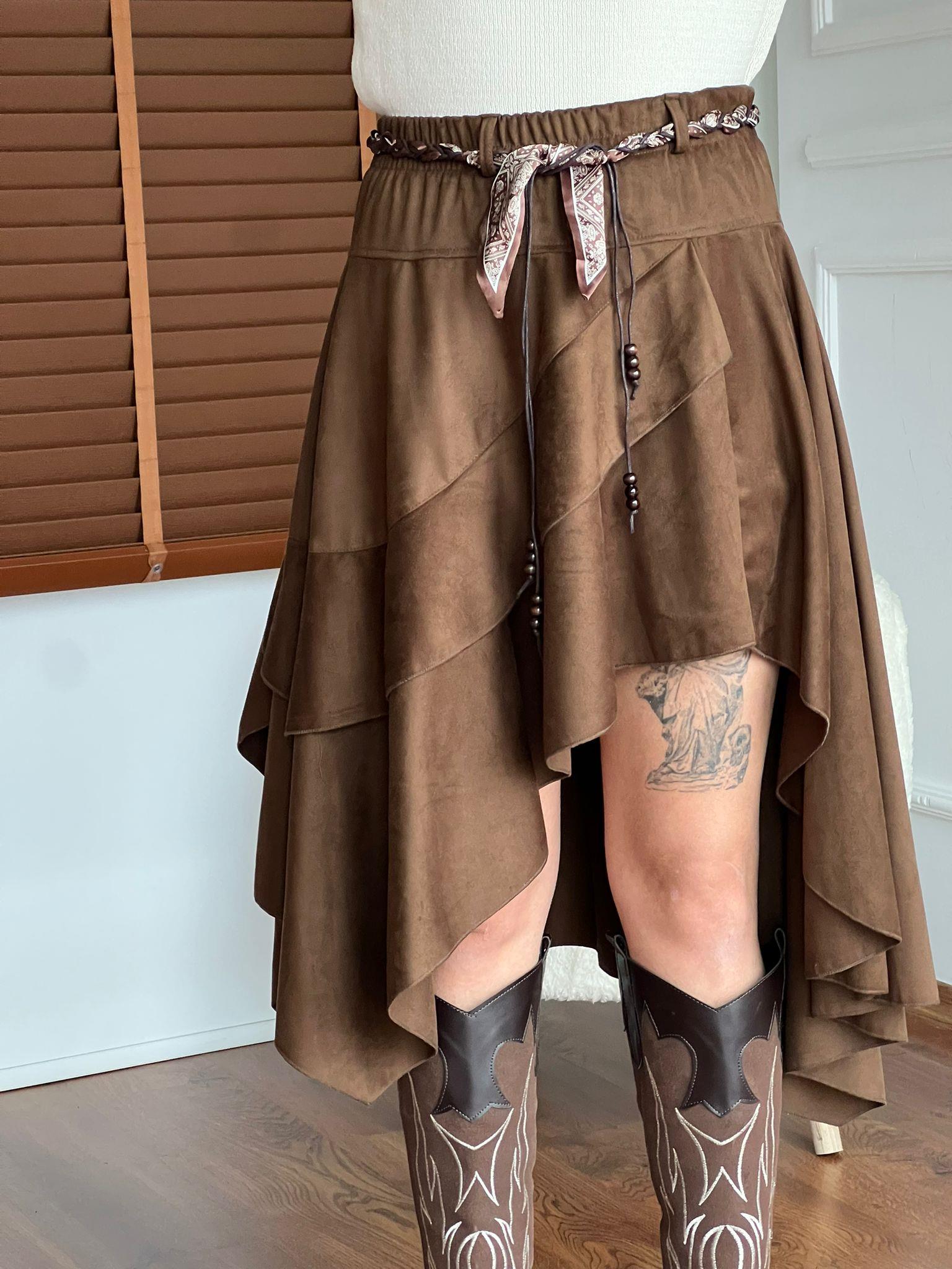 Tasarım Süet Etek 30644 Kahverengi