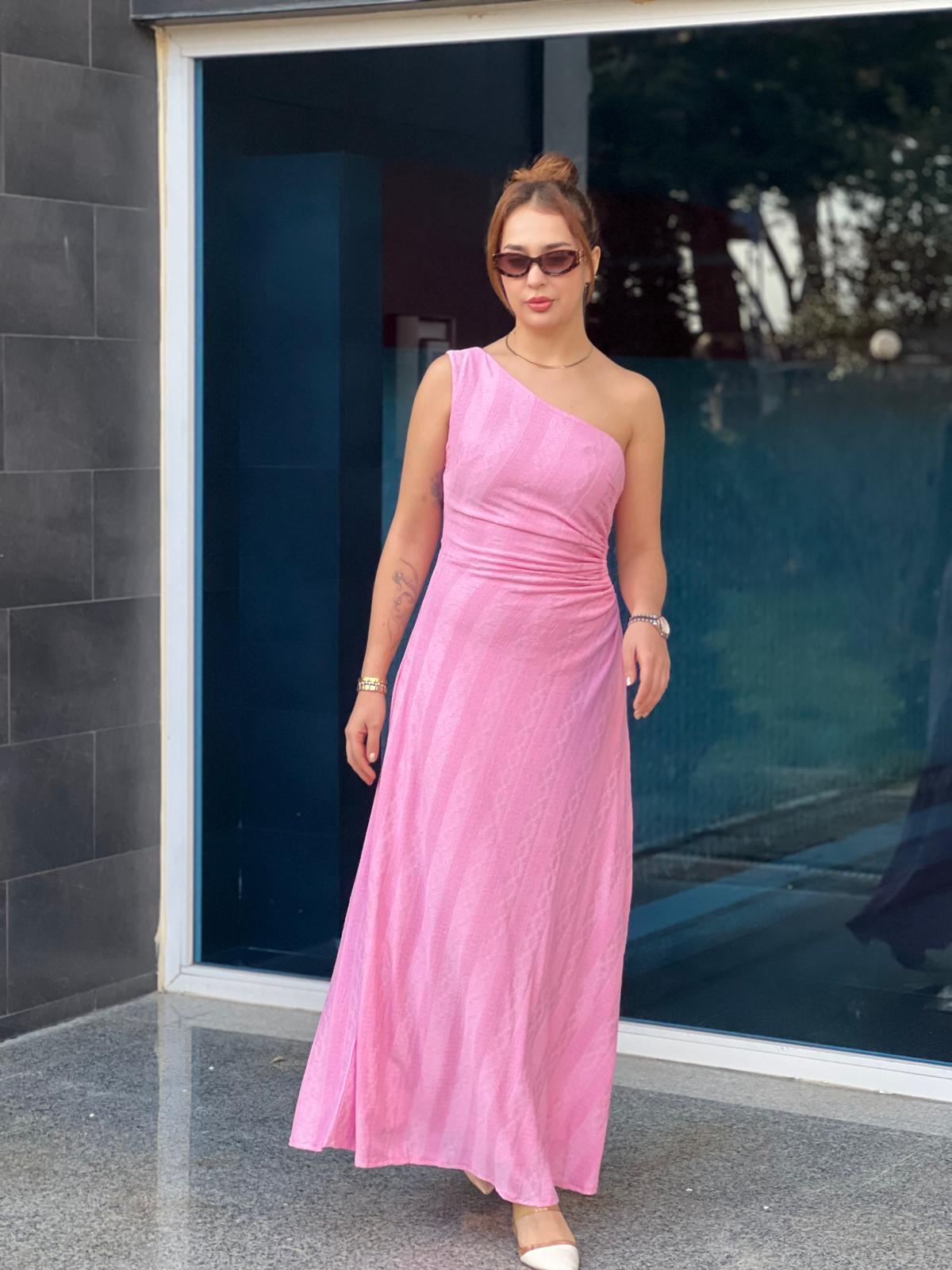 Tek Omuz Pencereli Elbise 251718 Pembe
