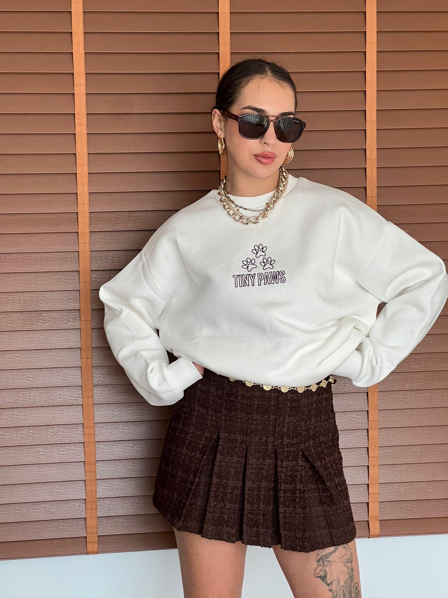 Tiny Paws Nakışlı Sweatshirt 01243 Ekru