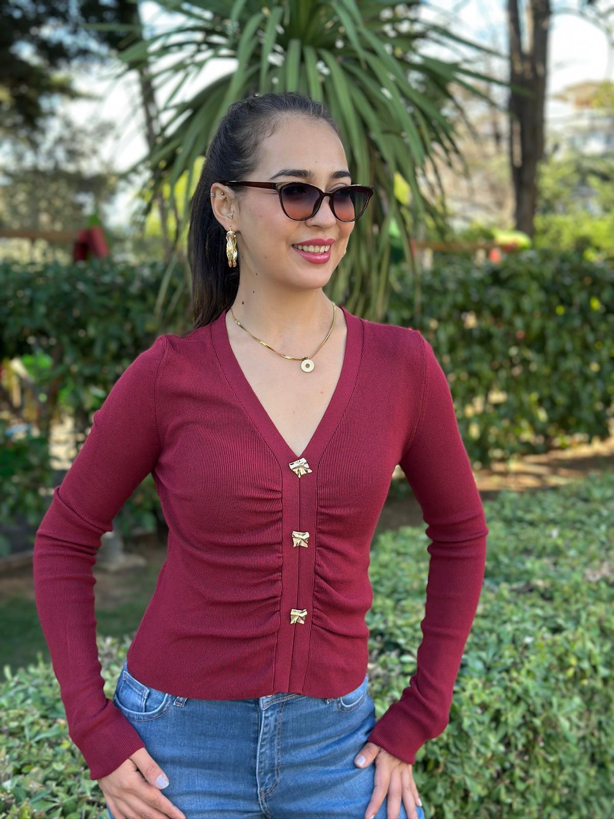 V Yaka Düğmeli Triko Bluz 10805 Bordo