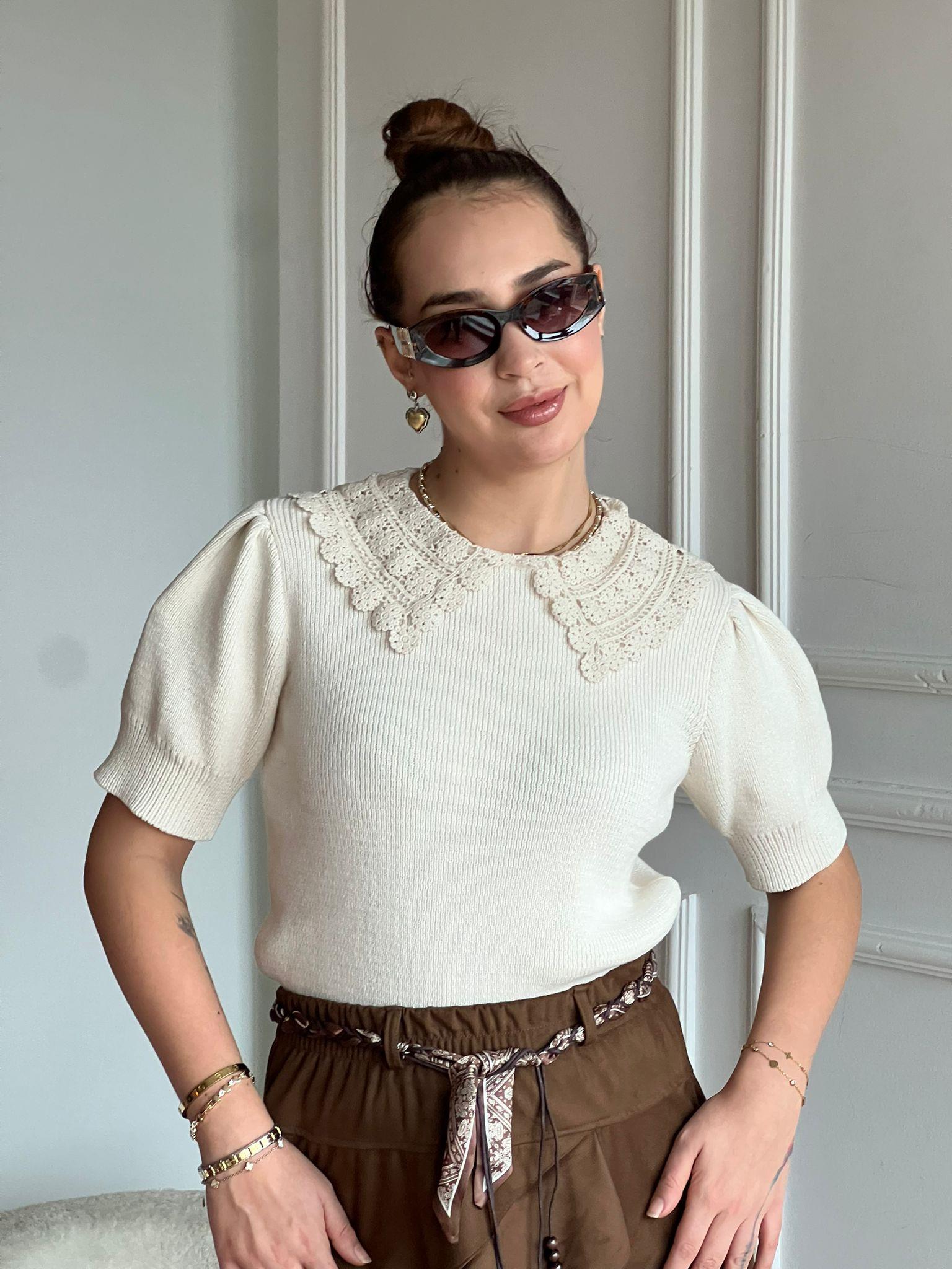 Yaka Dantel Detaylı Kısa Kol Kazak 4699 Ekru