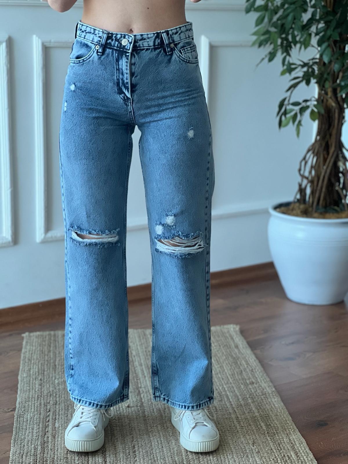 Yırtıklı Bol Paça Pantolon 4522 Açık Mavi